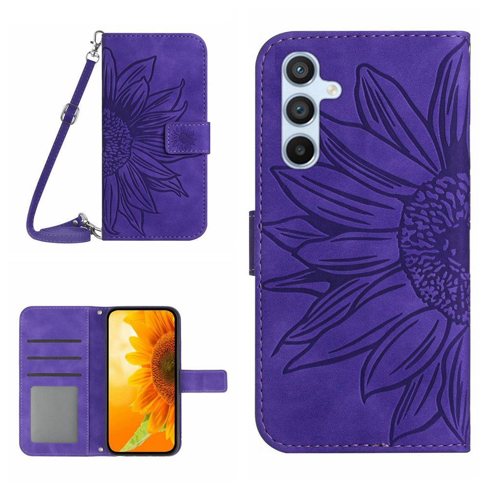 HT04 For Samsung Galaxy A56 5G / M56 5G Case Sunflower Imprint PU Leather Phone Cover with Long Strap