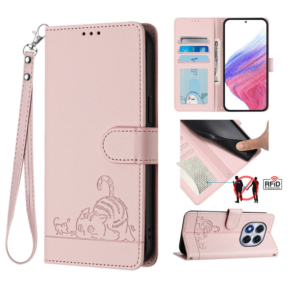 For Xiaomi Redmi Note 14 Pro+ 5G / 14 Pro 5G / Poco X7 5G Case with Strap RFID Blocking Leather Wallet Phone Cover Cat Mouse Pattern