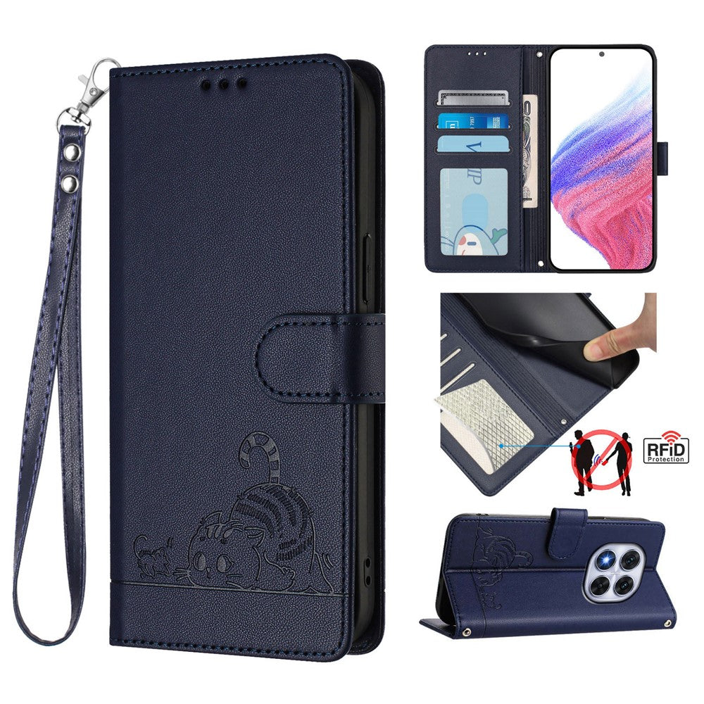 For Xiaomi Redmi Note 14 Pro+ 5G / 14 Pro 5G / Poco X7 5G Case with Strap RFID Blocking Leather Wallet Phone Cover Cat Mouse Pattern