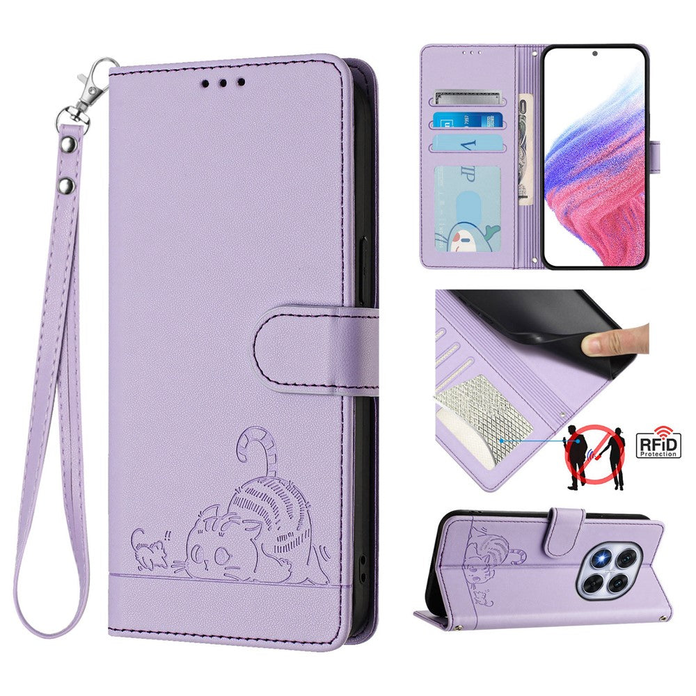 For Xiaomi Redmi Note 14 Pro+ 5G / 14 Pro 5G / Poco X7 5G Case with Strap RFID Blocking Leather Wallet Phone Cover Cat Mouse Pattern