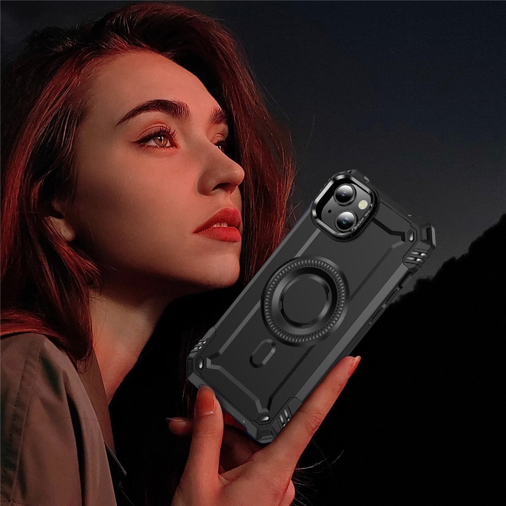 For iPhone 13 Case Compatible with MagSafe Metal Lens Frame Kickstand PC+TPU Mobile Cover