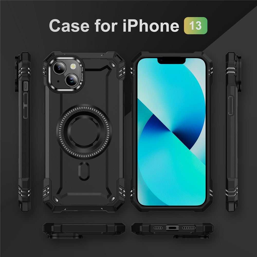 For iPhone 13 Case Compatible with MagSafe Metal Lens Frame Kickstand PC+TPU Mobile Cover