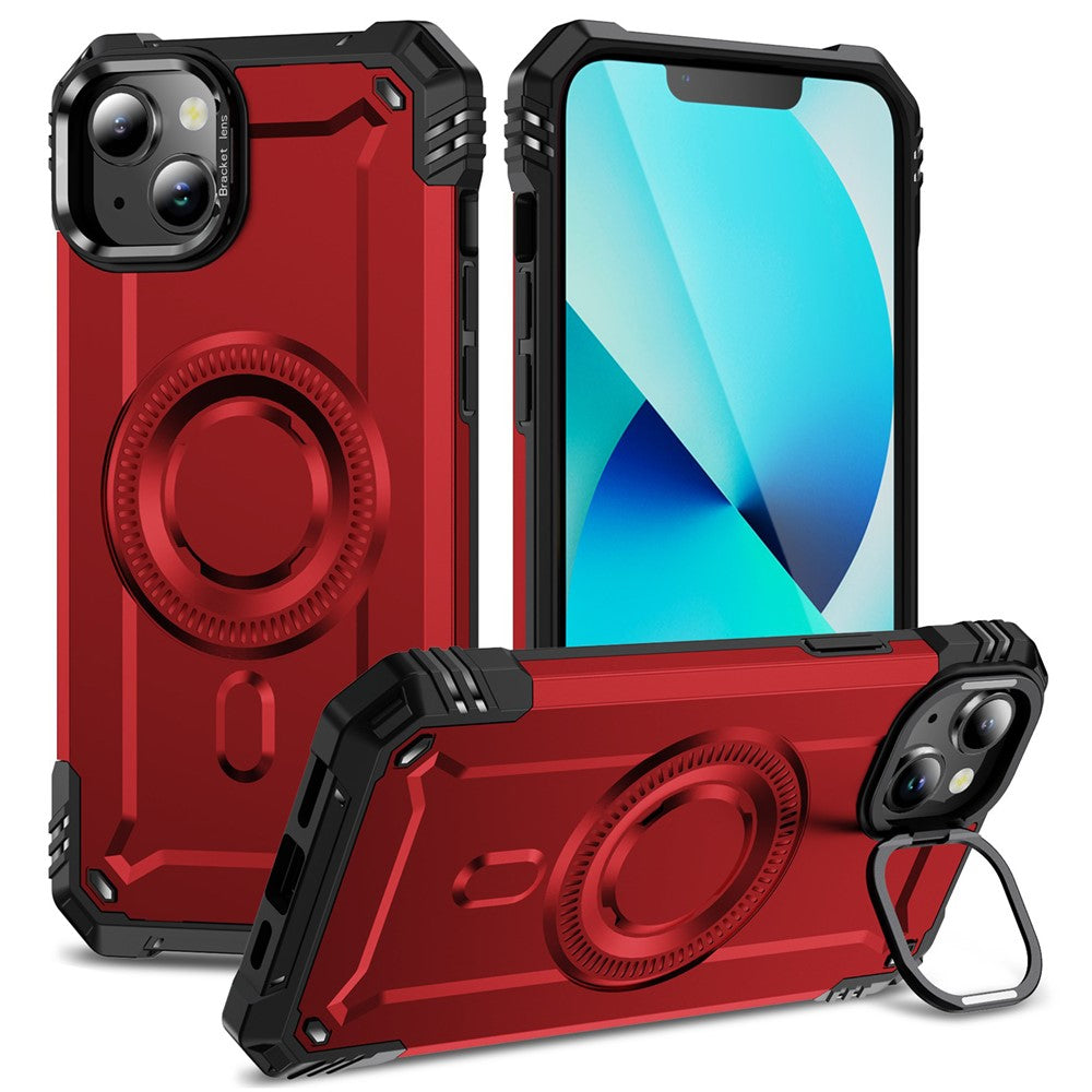 For iPhone 13 Case Compatible with MagSafe Metal Lens Frame Kickstand PC+TPU Mobile Cover