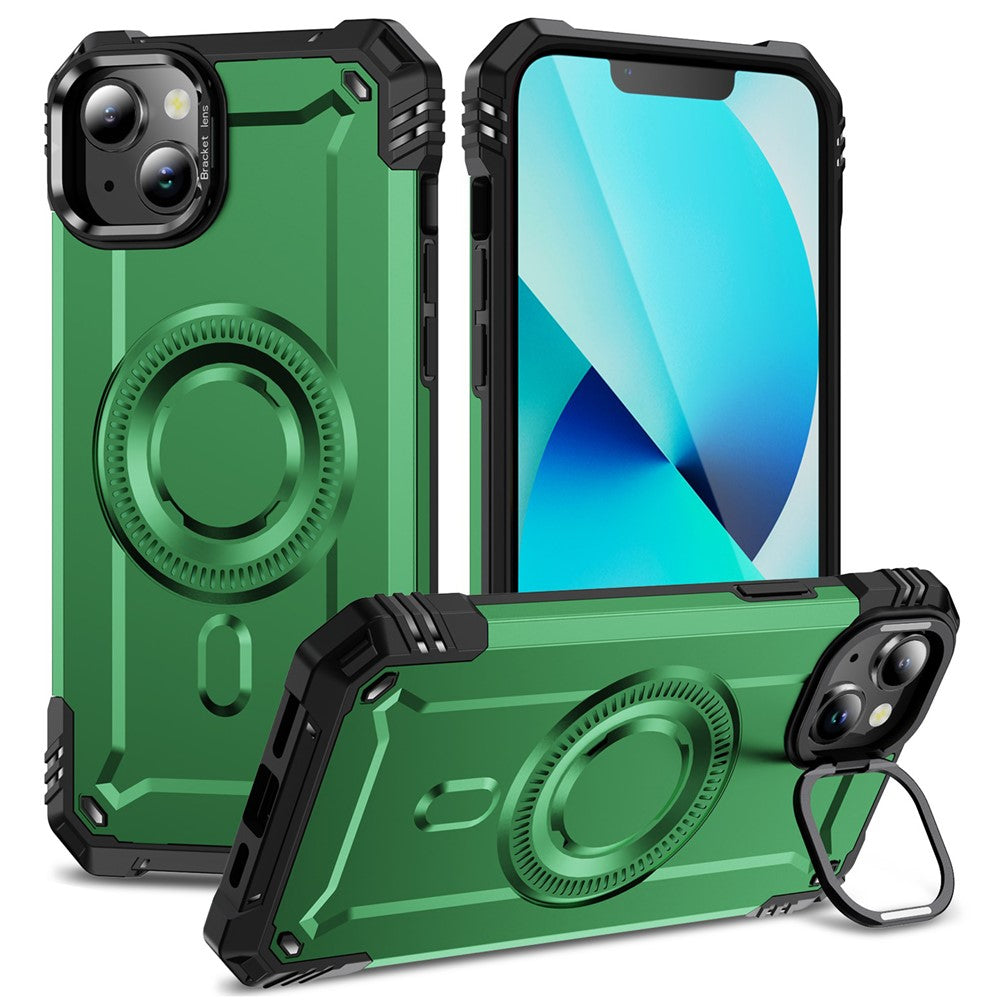 For iPhone 13 Case Compatible with MagSafe Metal Lens Frame Kickstand PC+TPU Mobile Cover