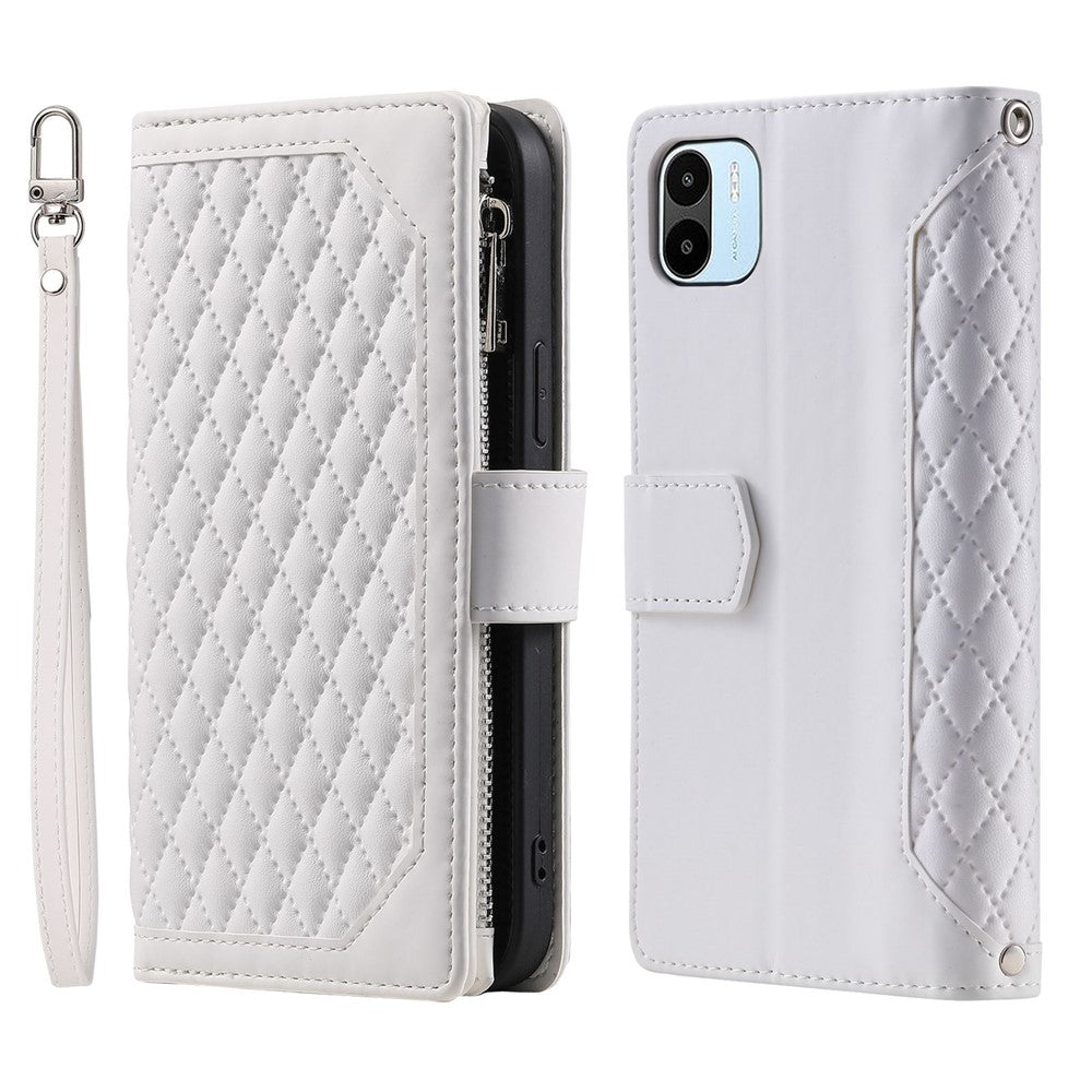 Shockproof Phone Case For Xiaomi Redmi A1 4G, 005 Style Magnetic Handbag Rhombus Imprinted Zipper Pocket Flip Leather Wallet Stand Cover with Wrist Strap