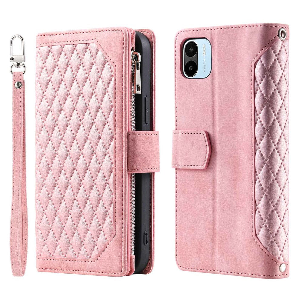 Shockproof Phone Case For Xiaomi Redmi A1 4G, 005 Style Magnetic Handbag Rhombus Imprinted Zipper Pocket Flip Leather Wallet Stand Cover with Wrist Strap