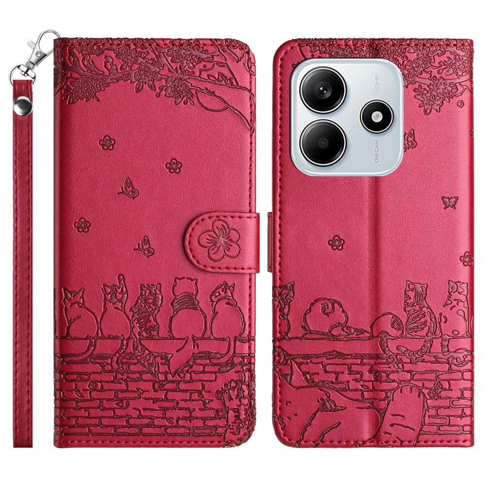 For Xiaomi Redmi Note 14 5G Case with Wrist Strap Leather Phone Cover Wall Cats Pattern