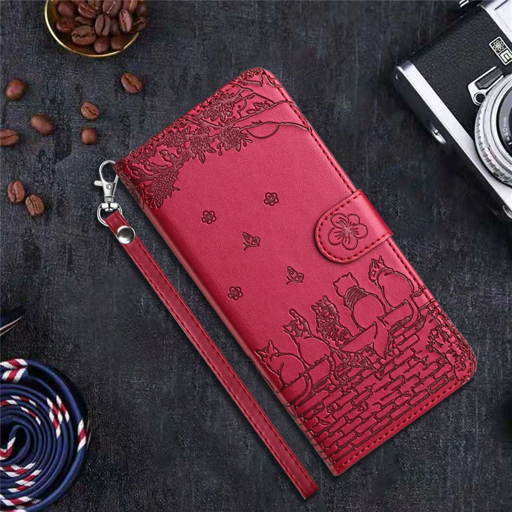 For Xiaomi Redmi Note 14 5G Case with Wrist Strap Leather Phone Cover Wall Cats Pattern