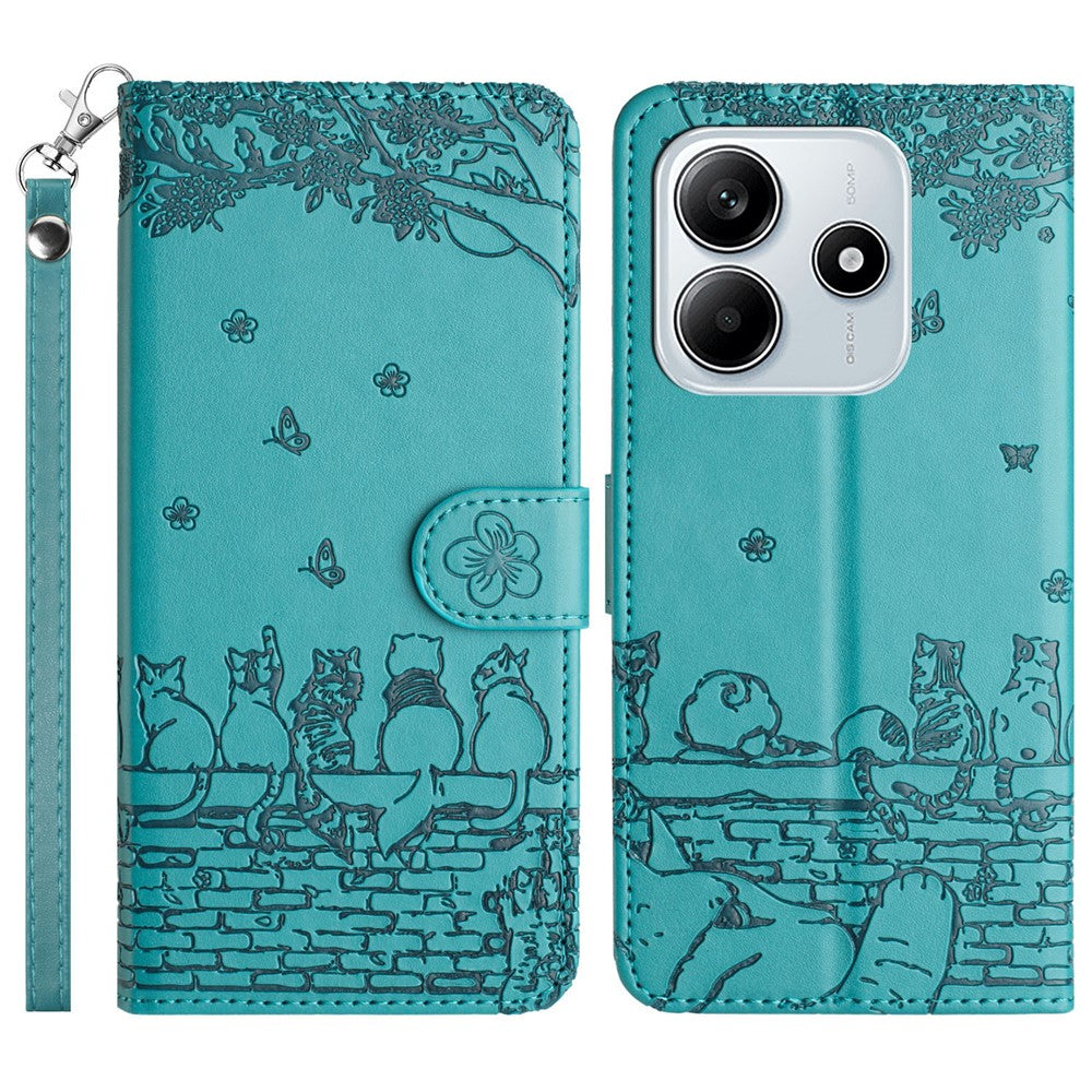 For Xiaomi Redmi Note 14 5G Case with Wrist Strap Leather Phone Cover Wall Cats Pattern