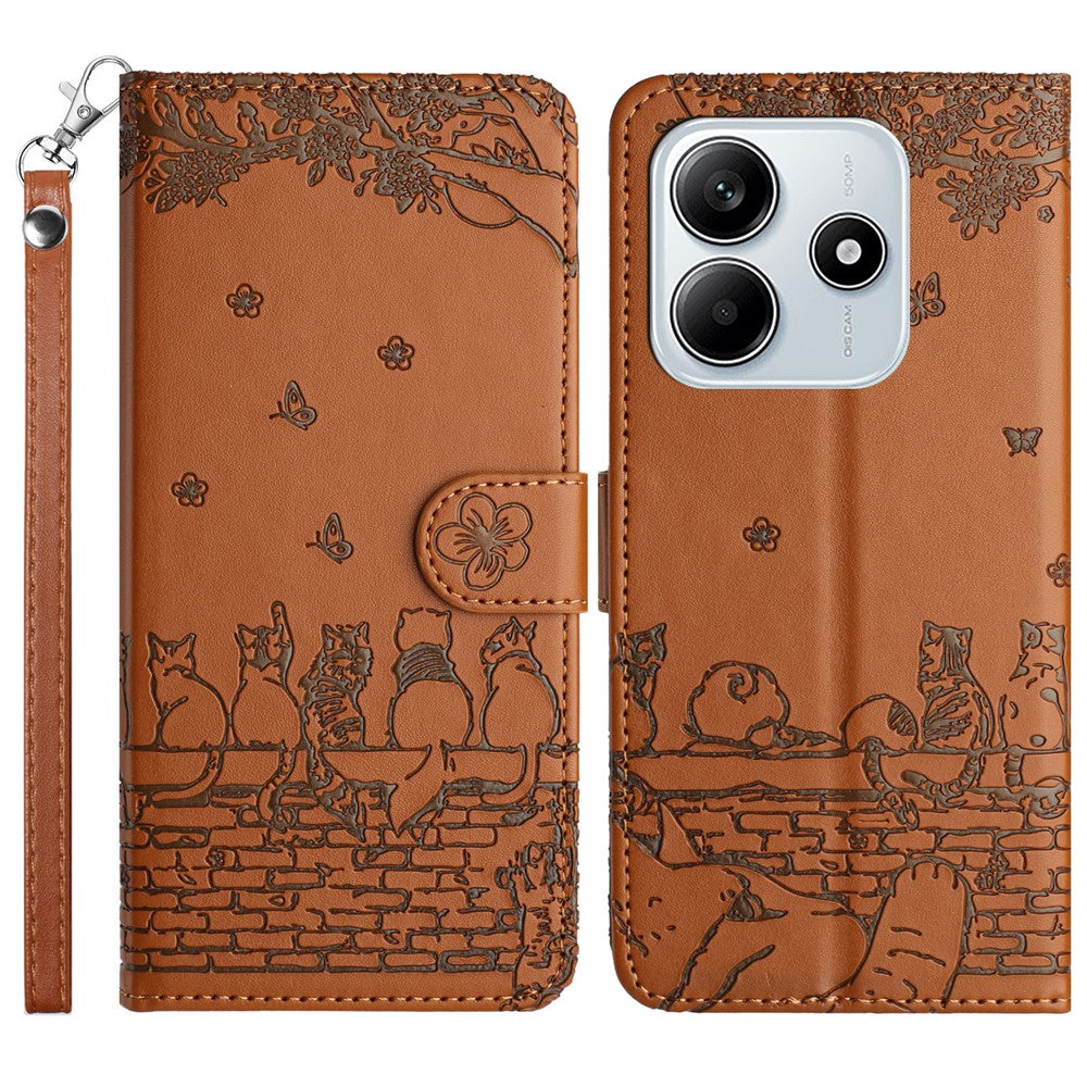 For Xiaomi Redmi Note 14 5G Case with Wrist Strap Leather Phone Cover Wall Cats Pattern