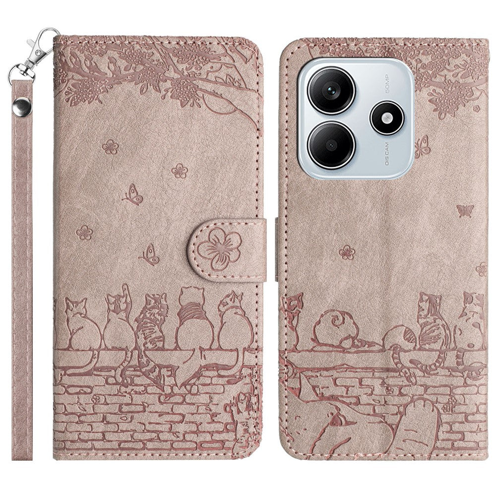 For Xiaomi Redmi Note 14 5G Case with Wrist Strap Leather Phone Cover Wall Cats Pattern