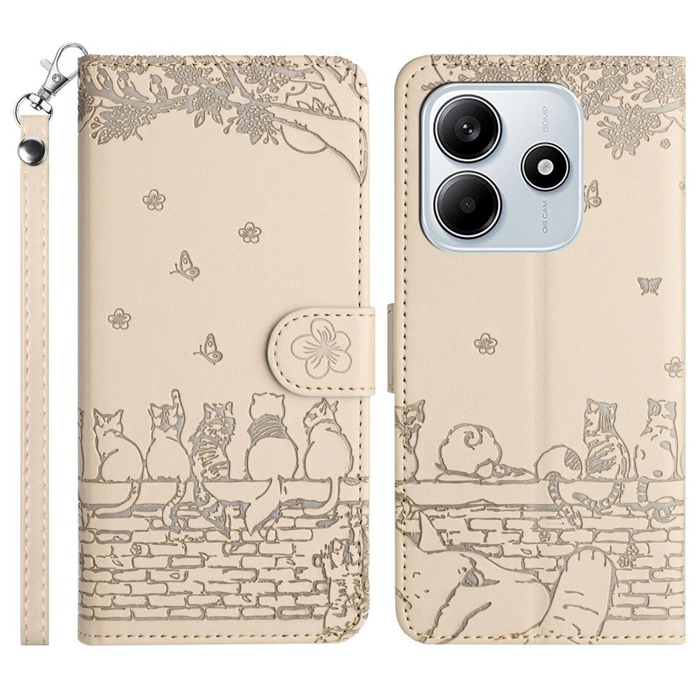 For Xiaomi Redmi Note 14 5G Case with Wrist Strap Leather Phone Cover Wall Cats Pattern