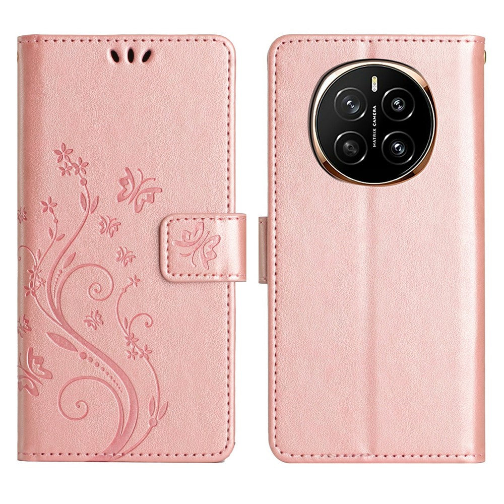 For Honor Magic7 5G Leather Wallet Case Butterfly Flower Imprinted Phone Cover with Strap