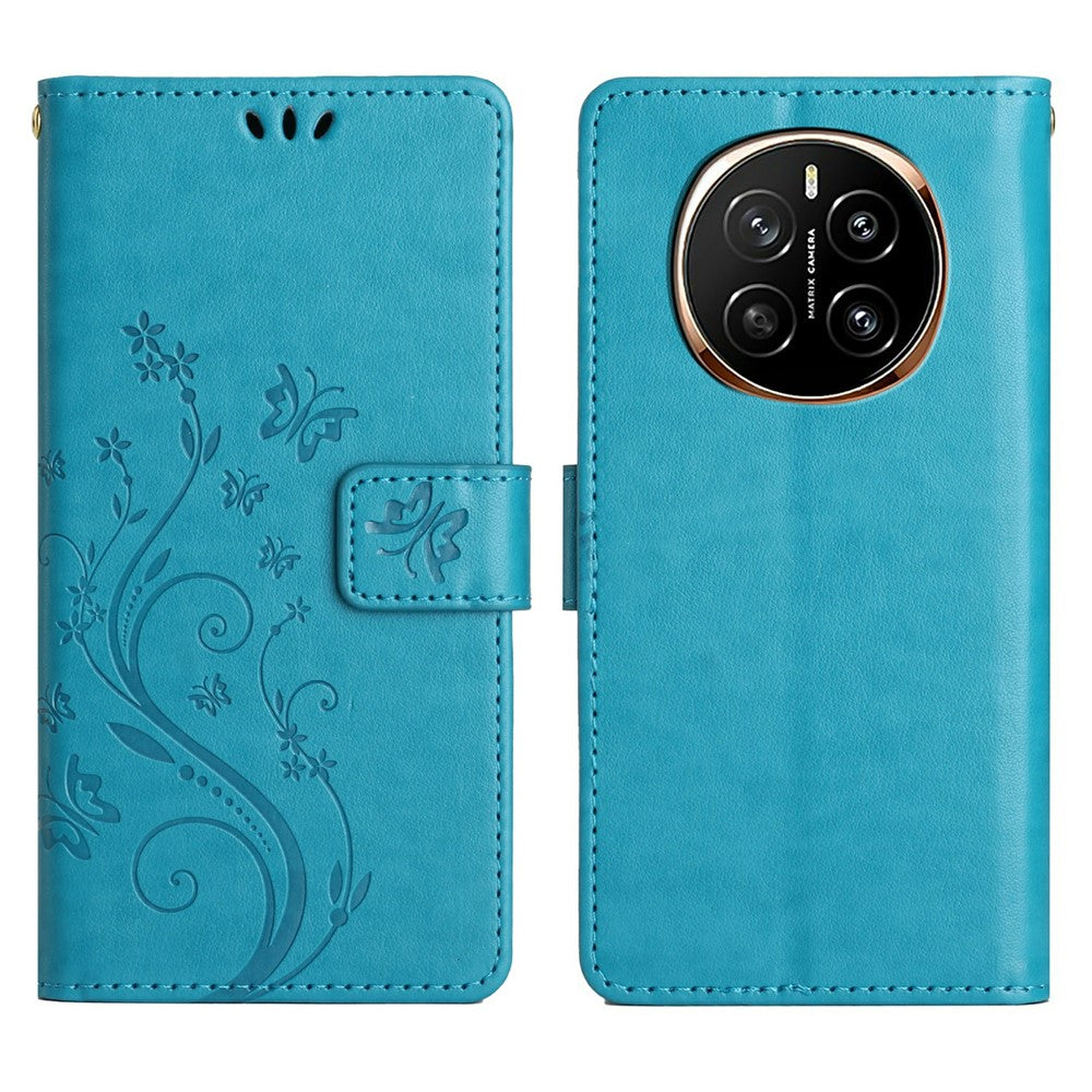 For Honor Magic7 5G Leather Wallet Case Butterfly Flower Imprinted Phone Cover with Strap