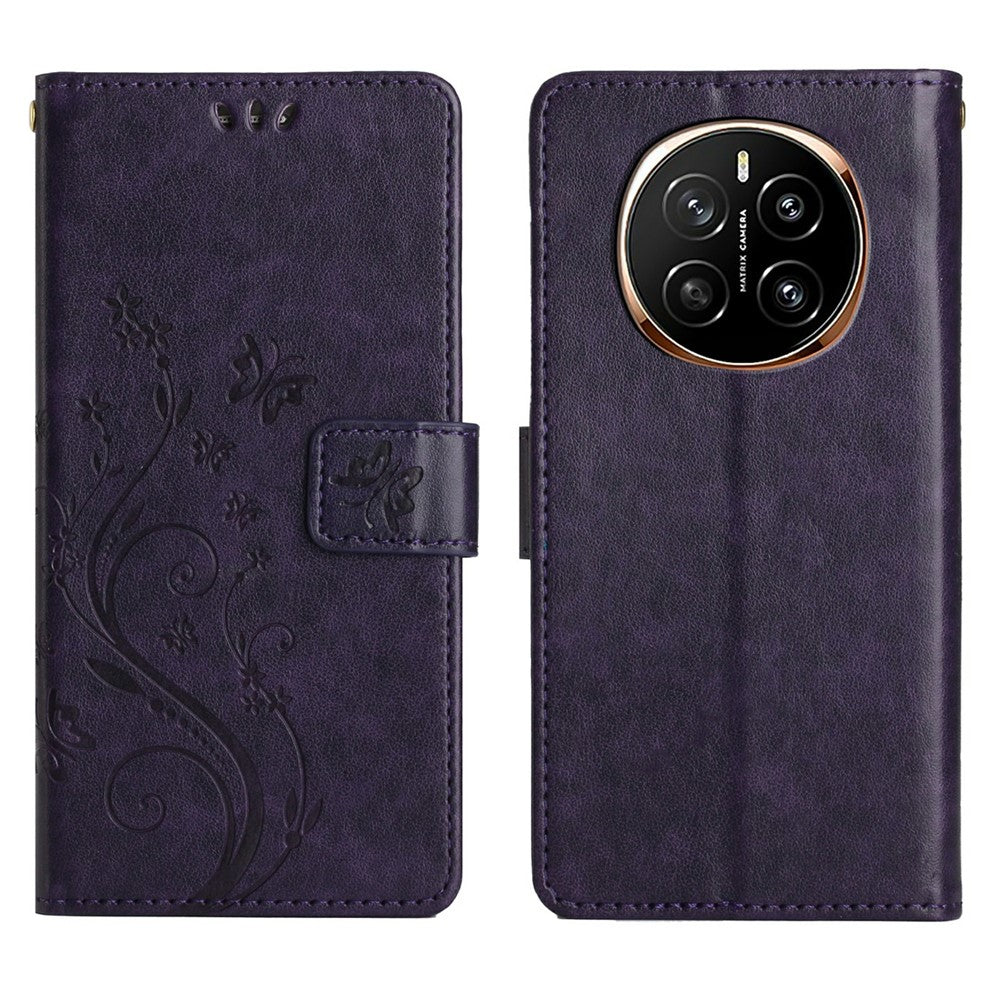 For Honor Magic7 5G Leather Wallet Case Butterfly Flower Imprinted Phone Cover with Strap