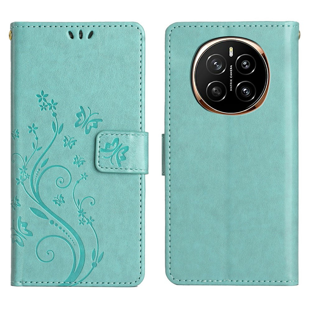 For Honor Magic7 5G Leather Wallet Case Butterfly Flower Imprinted Phone Cover with Strap
