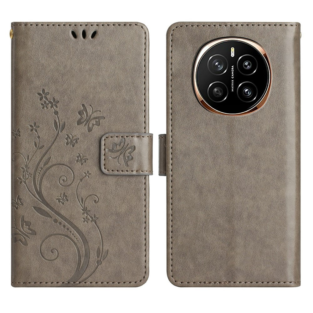 For Honor Magic7 5G Leather Wallet Case Butterfly Flower Imprinted Phone Cover with Strap