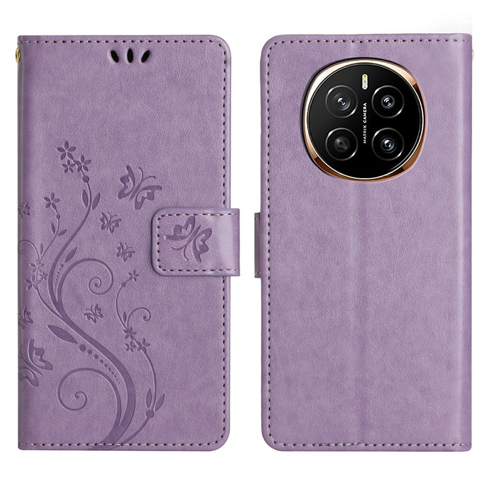 For Honor Magic7 5G Leather Wallet Case Butterfly Flower Imprinted Phone Cover with Strap