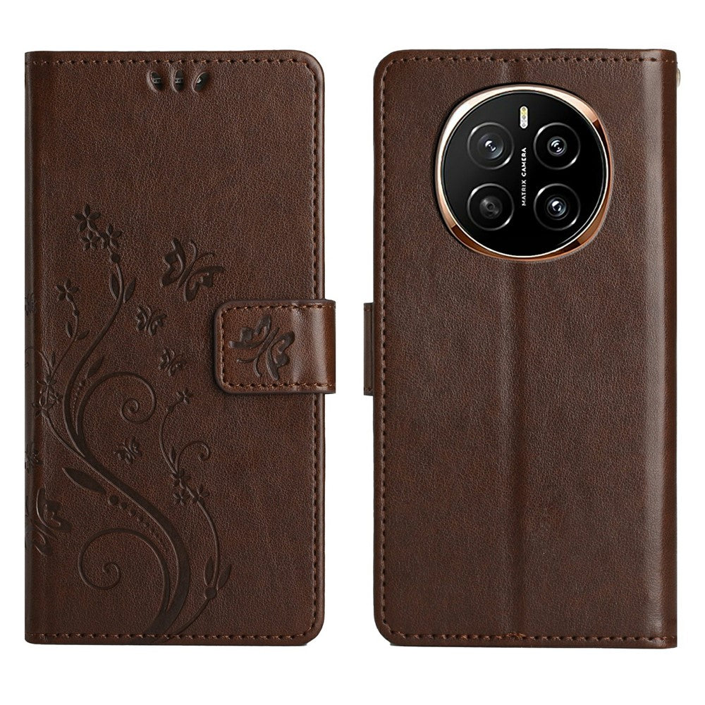 For Honor Magic7 5G Leather Wallet Case Butterfly Flower Imprinted Phone Cover with Strap