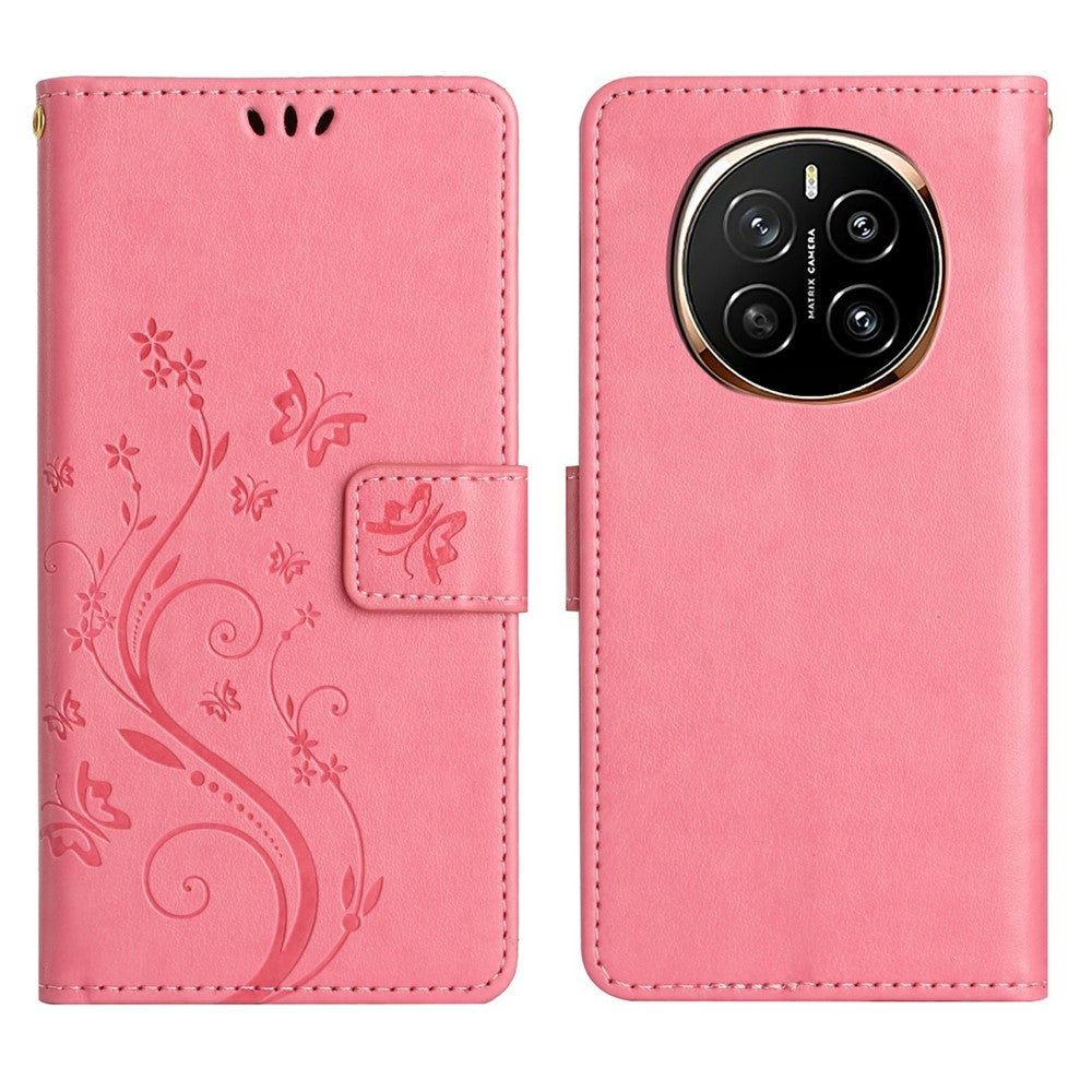 For Honor Magic7 5G Leather Wallet Case Butterfly Flower Imprinted Phone Cover with Strap