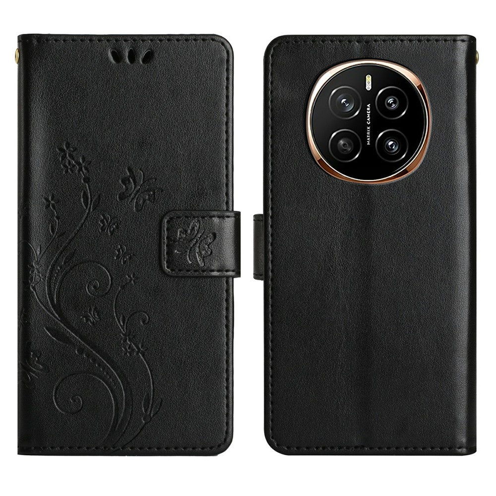 For Honor Magic7 5G Leather Wallet Case Butterfly Flower Imprinted Phone Cover with Strap