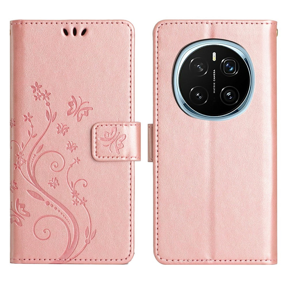 For Honor Magic7 Pro 5G Leather Wallet Case Butterfly Flower Imprinted Phone Cover with Strap
