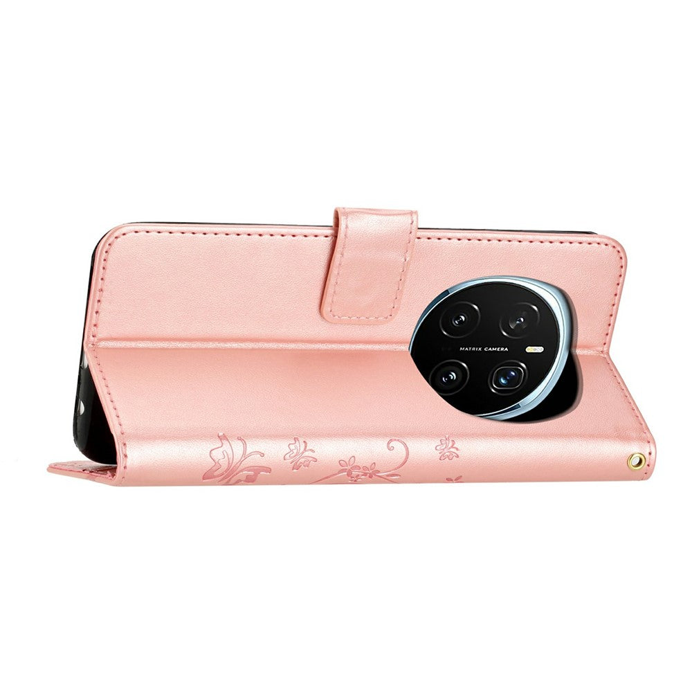 For Honor Magic7 Pro 5G Leather Wallet Case Butterfly Flower Imprinted Phone Cover with Strap