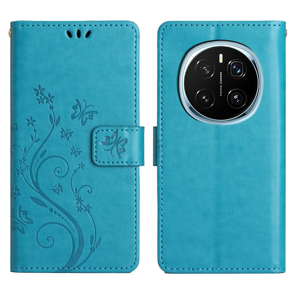 For Honor Magic7 Pro 5G Leather Wallet Case Butterfly Flower Imprinted Phone Cover with Strap