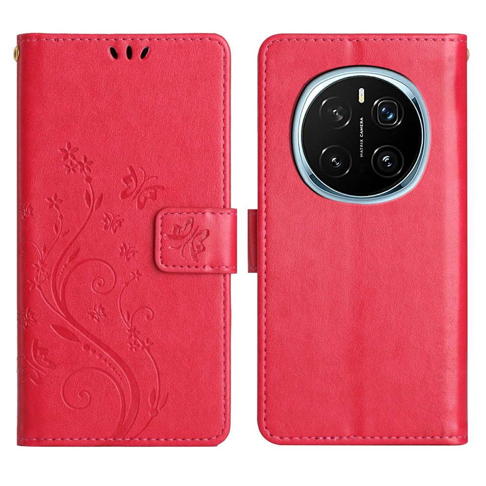 For Honor Magic7 Pro 5G Leather Wallet Case Butterfly Flower Imprinted Phone Cover with Strap