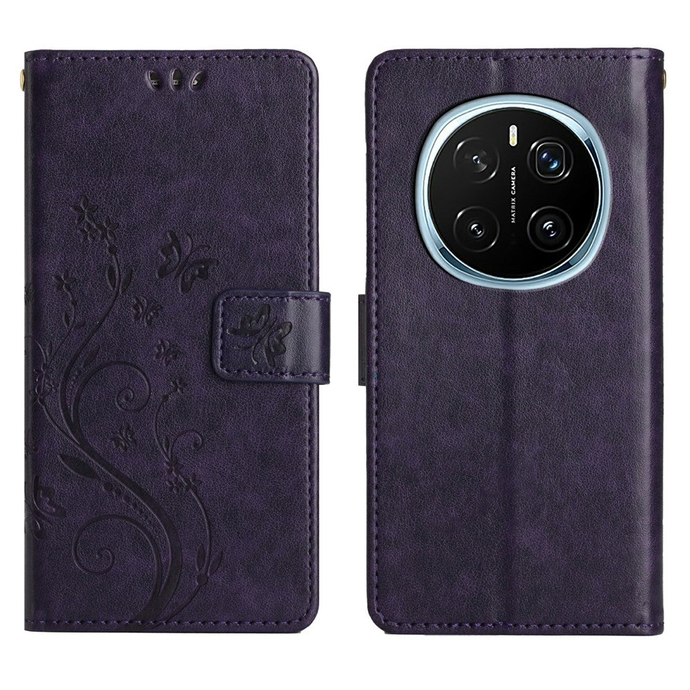 For Honor Magic7 Pro 5G Leather Wallet Case Butterfly Flower Imprinted Phone Cover with Strap