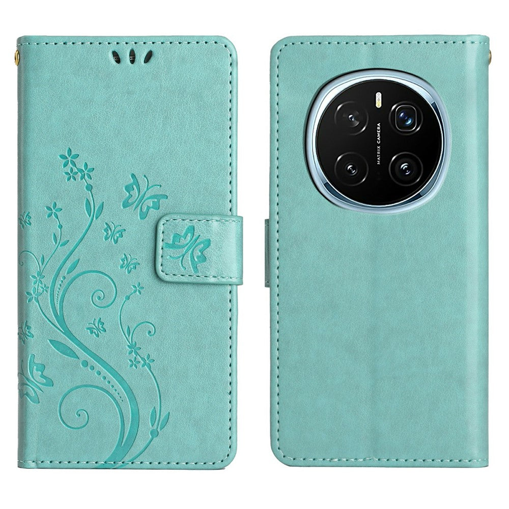 For Honor Magic7 Pro 5G Leather Wallet Case Butterfly Flower Imprinted Phone Cover with Strap