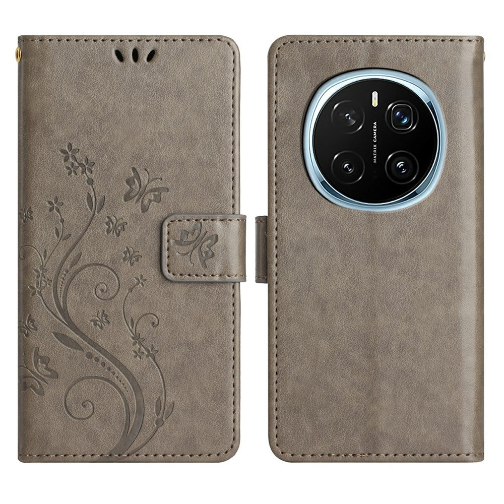 For Honor Magic7 Pro 5G Leather Wallet Case Butterfly Flower Imprinted Phone Cover with Strap