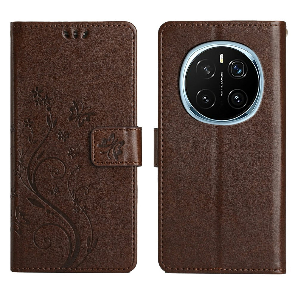 For Honor Magic7 Pro 5G Leather Wallet Case Butterfly Flower Imprinted Phone Cover with Strap