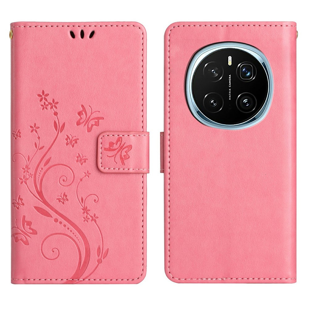 For Honor Magic7 Pro 5G Leather Wallet Case Butterfly Flower Imprinted Phone Cover with Strap