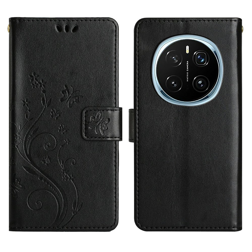 For Honor Magic7 Pro 5G Leather Wallet Case Butterfly Flower Imprinted Phone Cover with Strap