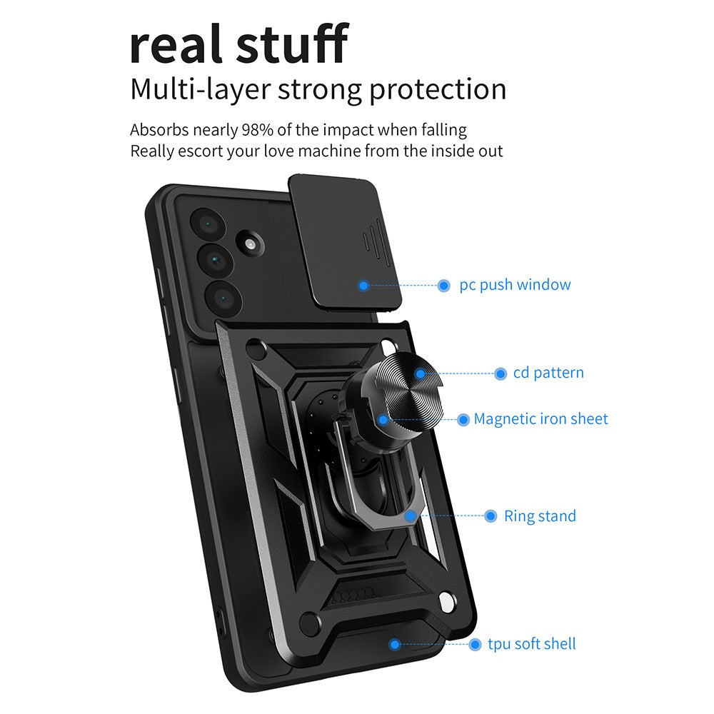 Til Samsung Galaxy A56 5G cover med skydekameralåg PC+TPU støttefod telefoncover