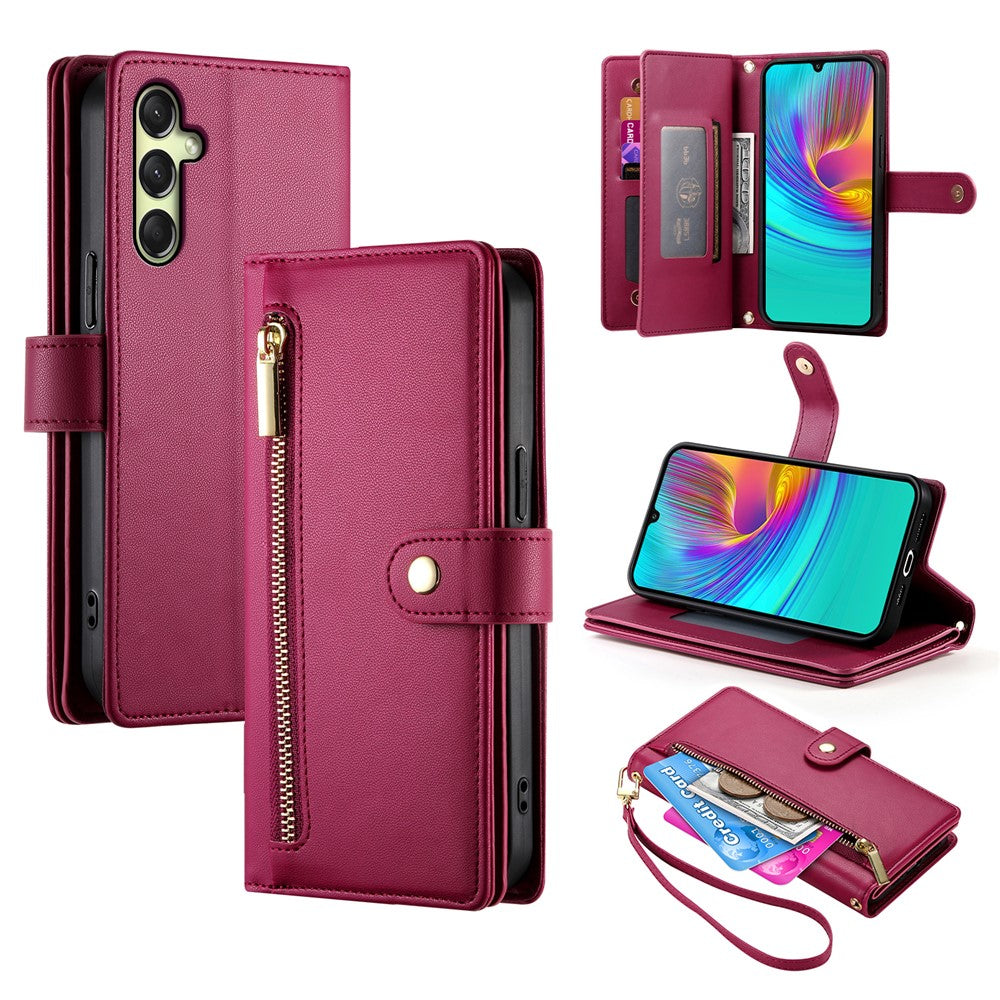 DF-011 For Samsung Galaxy A26 5G Case Zipper Pocket Wallet Leather Phone Cover with Straps