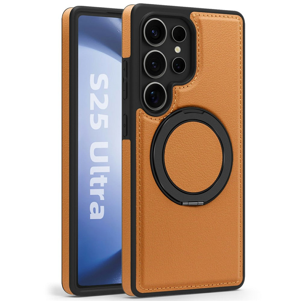 Skal till Samsung Galaxy S25 Ultra med ringstativ, magnetiskt skal i PU-läder, bakstycke