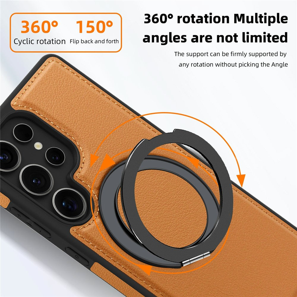 Skal till Samsung Galaxy S25 Ultra med ringstativ, magnetiskt skal i PU-läder, bakstycke