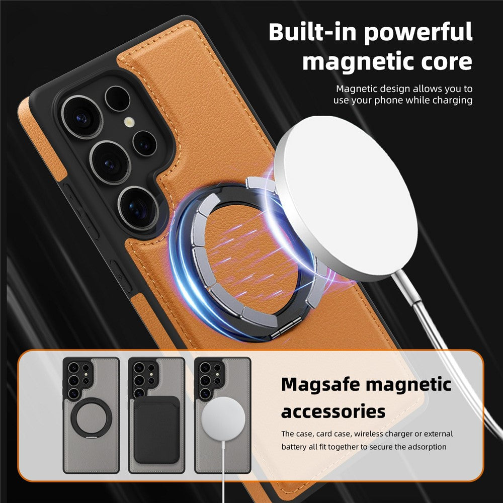 Skal till Samsung Galaxy S25 Ultra med ringstativ, magnetiskt skal i PU-läder, bakstycke