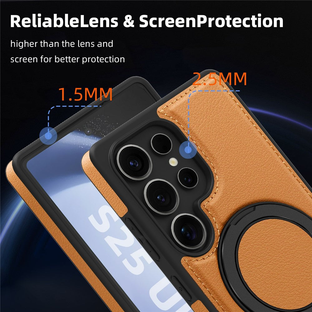 Skal till Samsung Galaxy S25 Ultra med ringstativ, magnetiskt skal i PU-läder, bakstycke