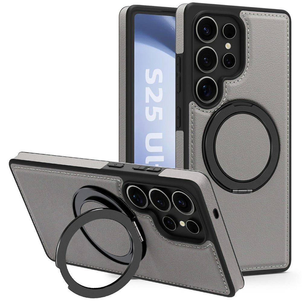 Skal till Samsung Galaxy S25 Ultra med ringstativ, magnetiskt skal i PU-läder, bakstycke
