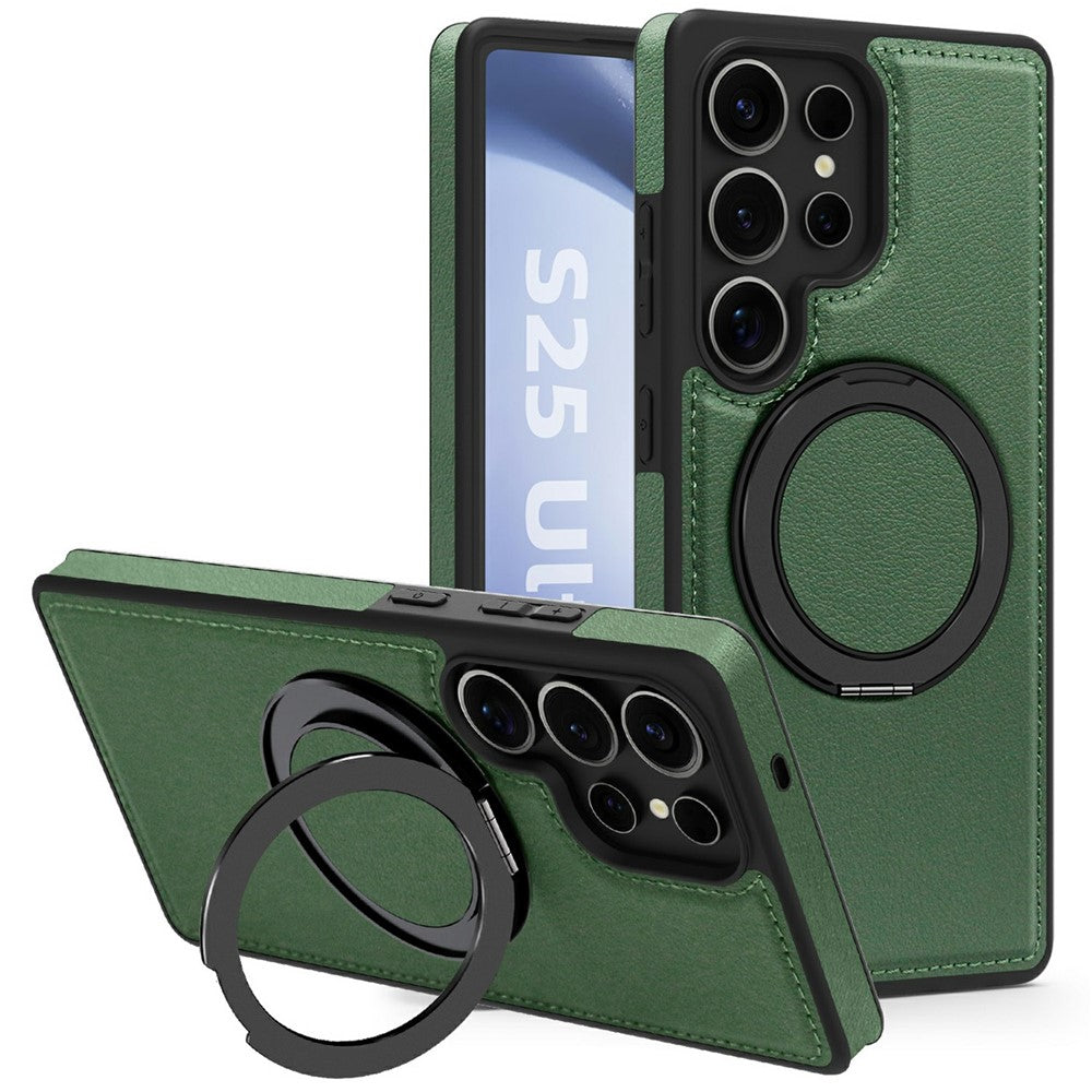 Skal till Samsung Galaxy S25 Ultra med ringstativ, magnetiskt skal i PU-läder, bakstycke