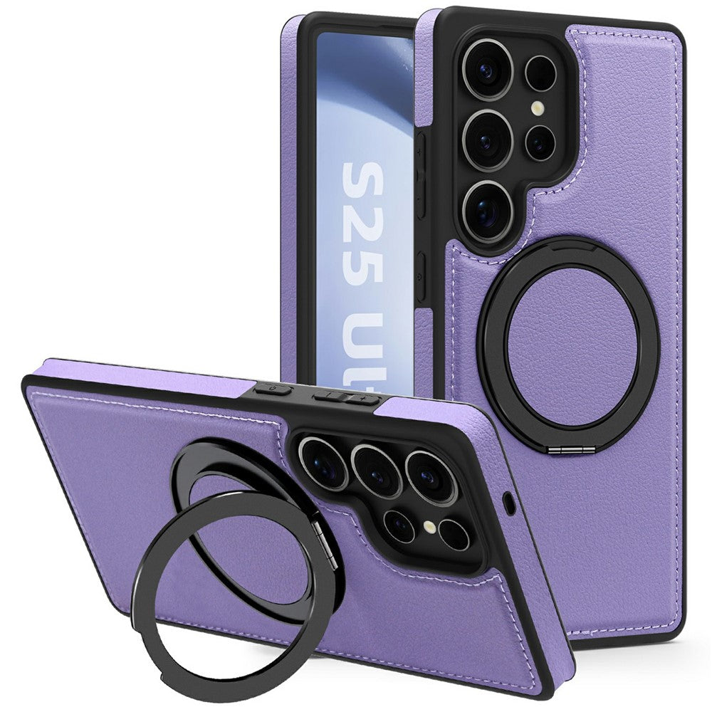 Skal till Samsung Galaxy S25 Ultra med ringstativ, magnetiskt skal i PU-läder, bakstycke