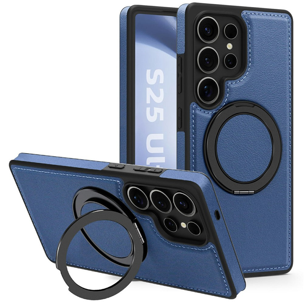 Skal till Samsung Galaxy S25 Ultra med ringstativ, magnetiskt skal i PU-läder, bakstycke