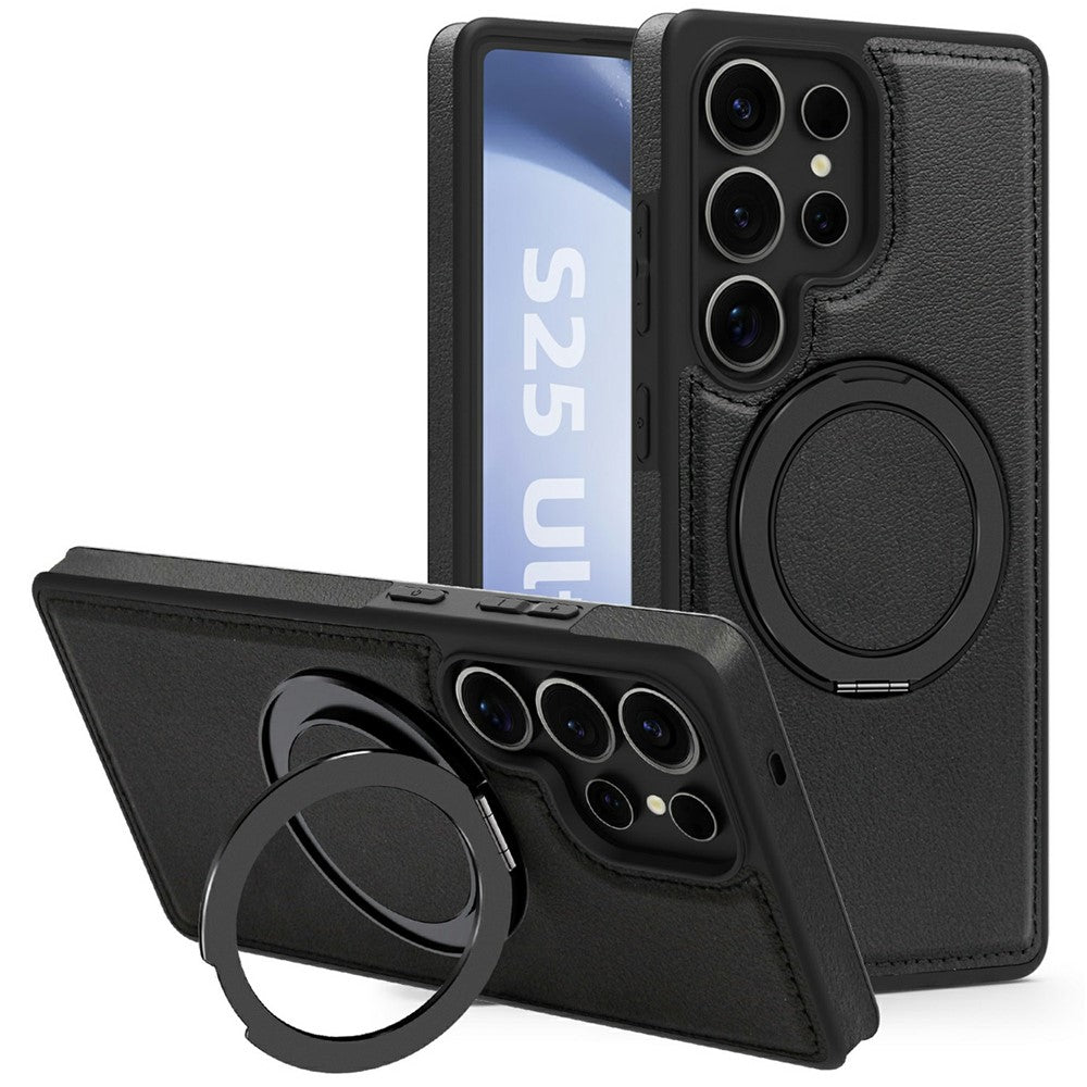 Skal till Samsung Galaxy S25 Ultra med ringstativ, magnetiskt skal i PU-läder, bakstycke