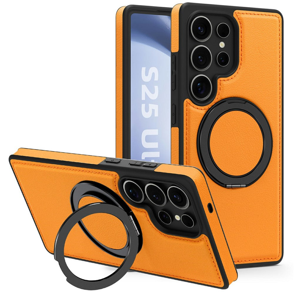 Skal till Samsung Galaxy S25 Ultra med ringstativ, magnetiskt skal i PU-läder, bakstycke