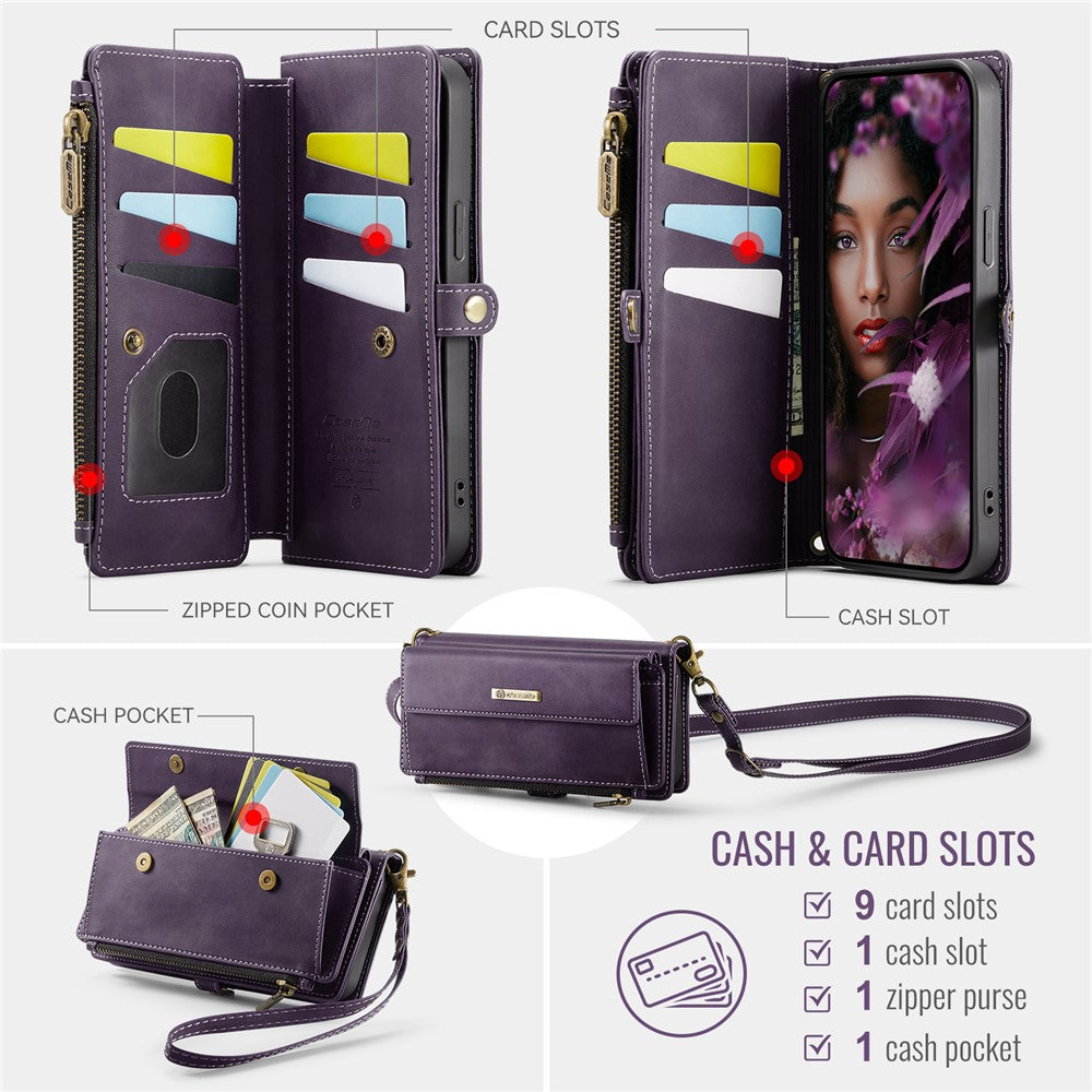 CASEME For iPhone 14 Pro Case C39 RFID Blocking Zipper Wallet Stand Leather Cover with Strap