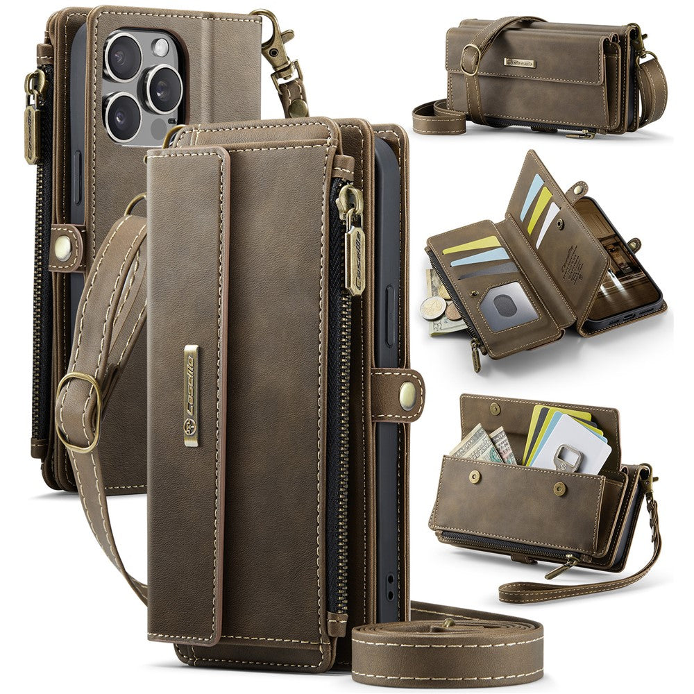 CASEME For iPhone 15 Pro Case  C39 RFID Blocking Zipper Wallet Stand Leather Cover with Strap