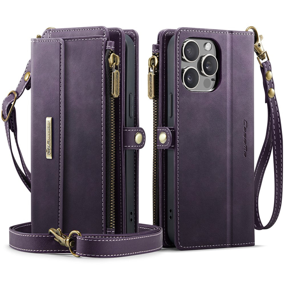CASEME For iPhone 14 Pro Max Case  C39 RFID Blocking Zipper Wallet Stand Leather Cover with Strap